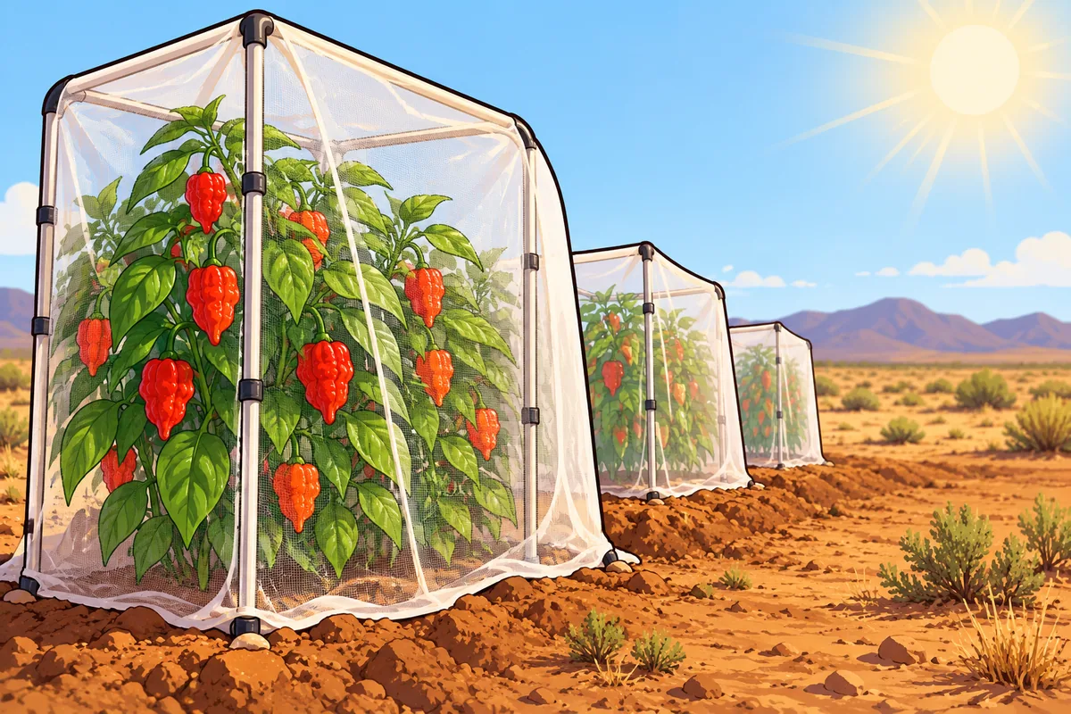 A tall white mesh cage over a row of leafy pepper plants with small red wrinkled pods showing through the net, in a dry desert field under bright sun.