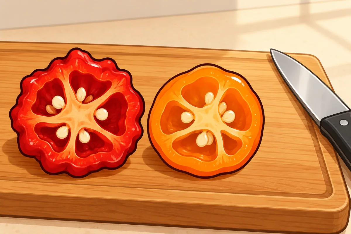 A thin red slice of Carolina Reaper lies beside a thin orange habanero slice of the same size on a wooden board, with a small knife at the edge.