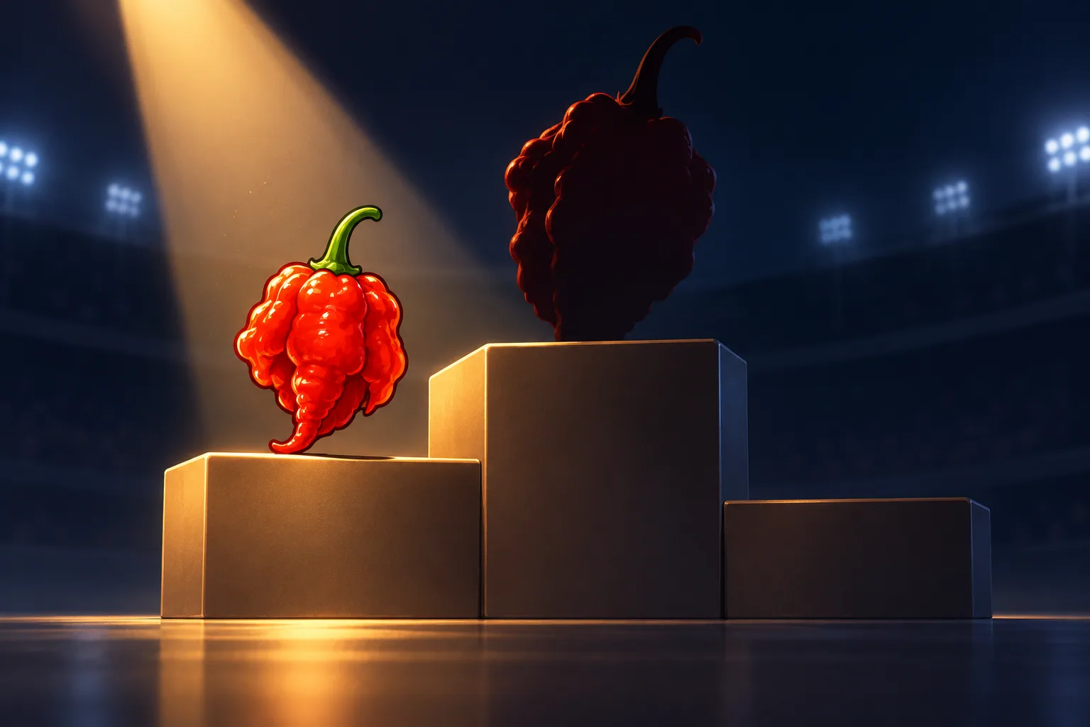 A wrinkled red super-hot pepper with a curved tail lit by a spotlight on the second step of a podium, with a dark pod silhouette on the taller first step.