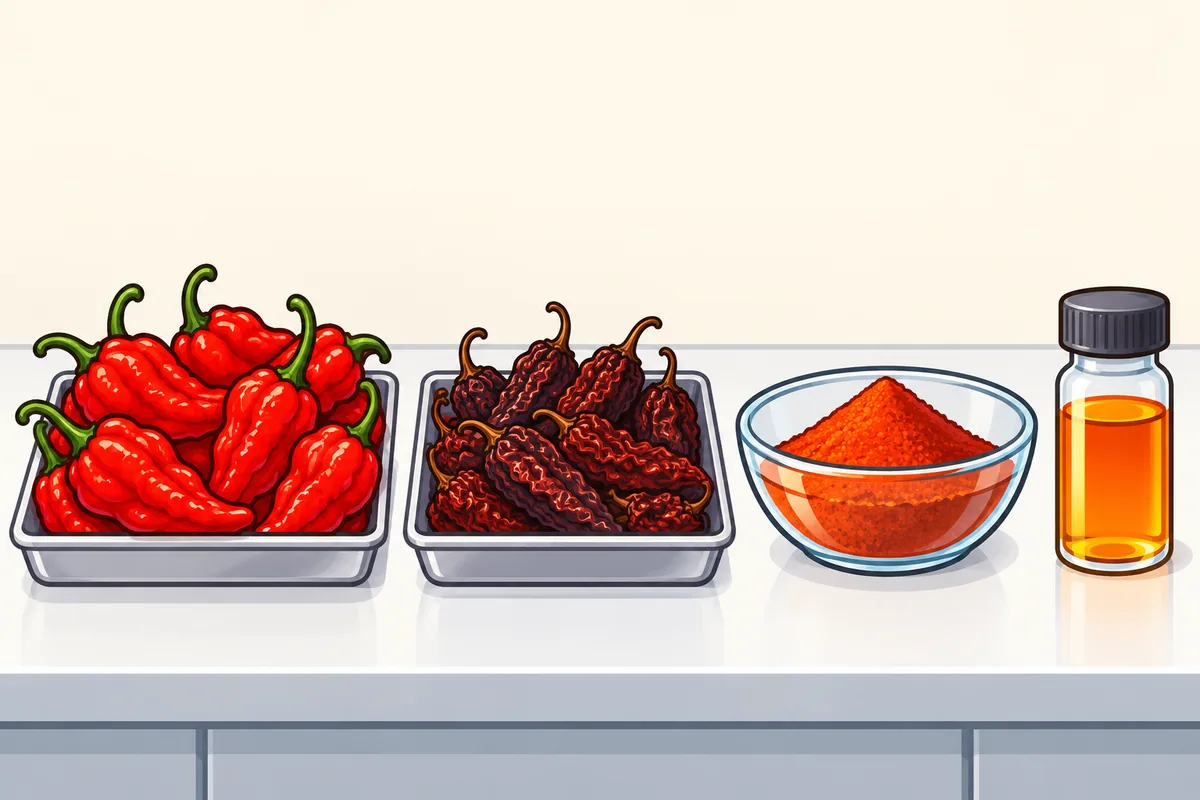 Four steps in a row on a lab bench: a tray of fresh red pods, a tray of dried dark pods, a bowl of fine red powder and a glass vial of orange liquid.