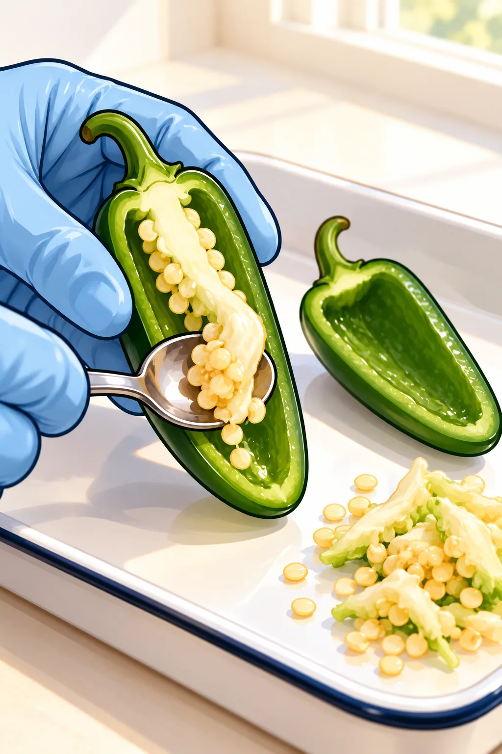A gloved hand holds a green jalapeño half while a teaspoon scrapes out the pale rib and seeds in one curl, with an empty cleaned half beside it on a white tray.