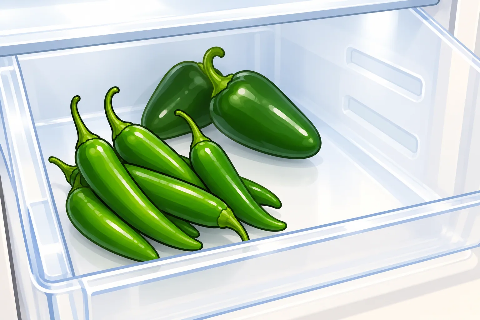 A small pile of slim green serrano chiles beside fatter green jalapeños and a few long red cayennes on a market crate.