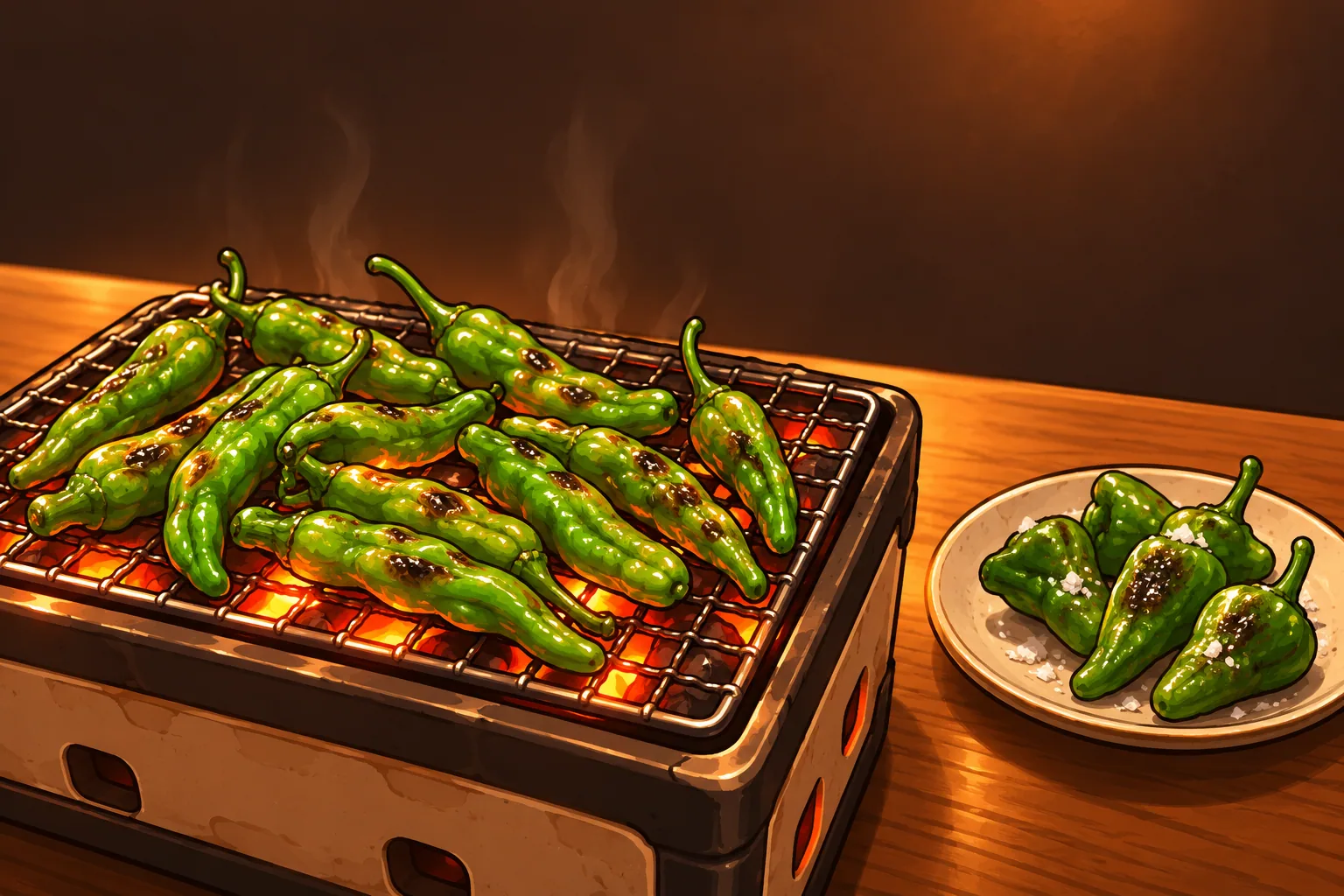 Slim, wrinkled green shishito peppers blistering on a small tabletop charcoal grill, with a plate of stubby salted Padrón peppers beside it.