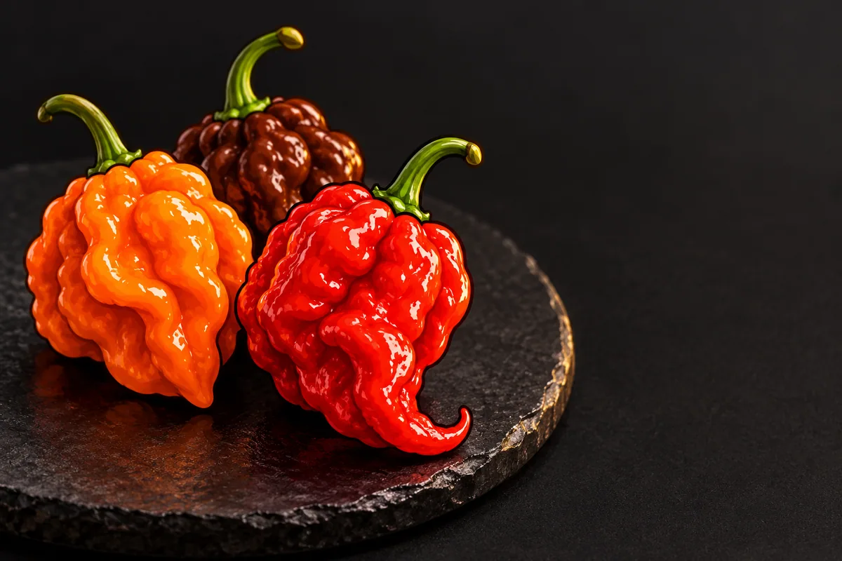 A small heap of wrinkled, bumpy superhot pods in red, orange and dark chocolate brown, some with pointed scorpion tails, on a dark slate board.