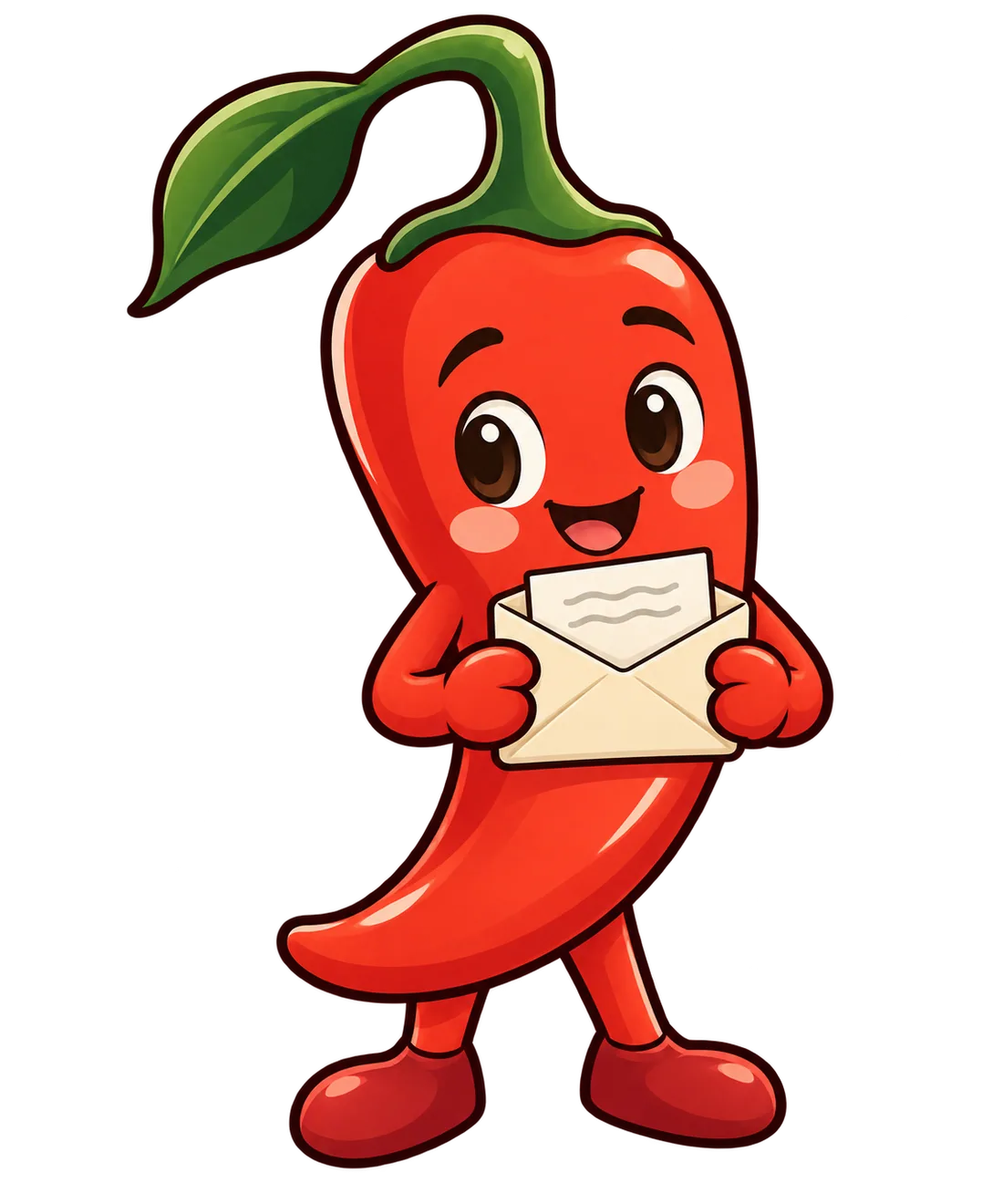 Pip, the red chili mascot, holding an envelope with a letter inside.