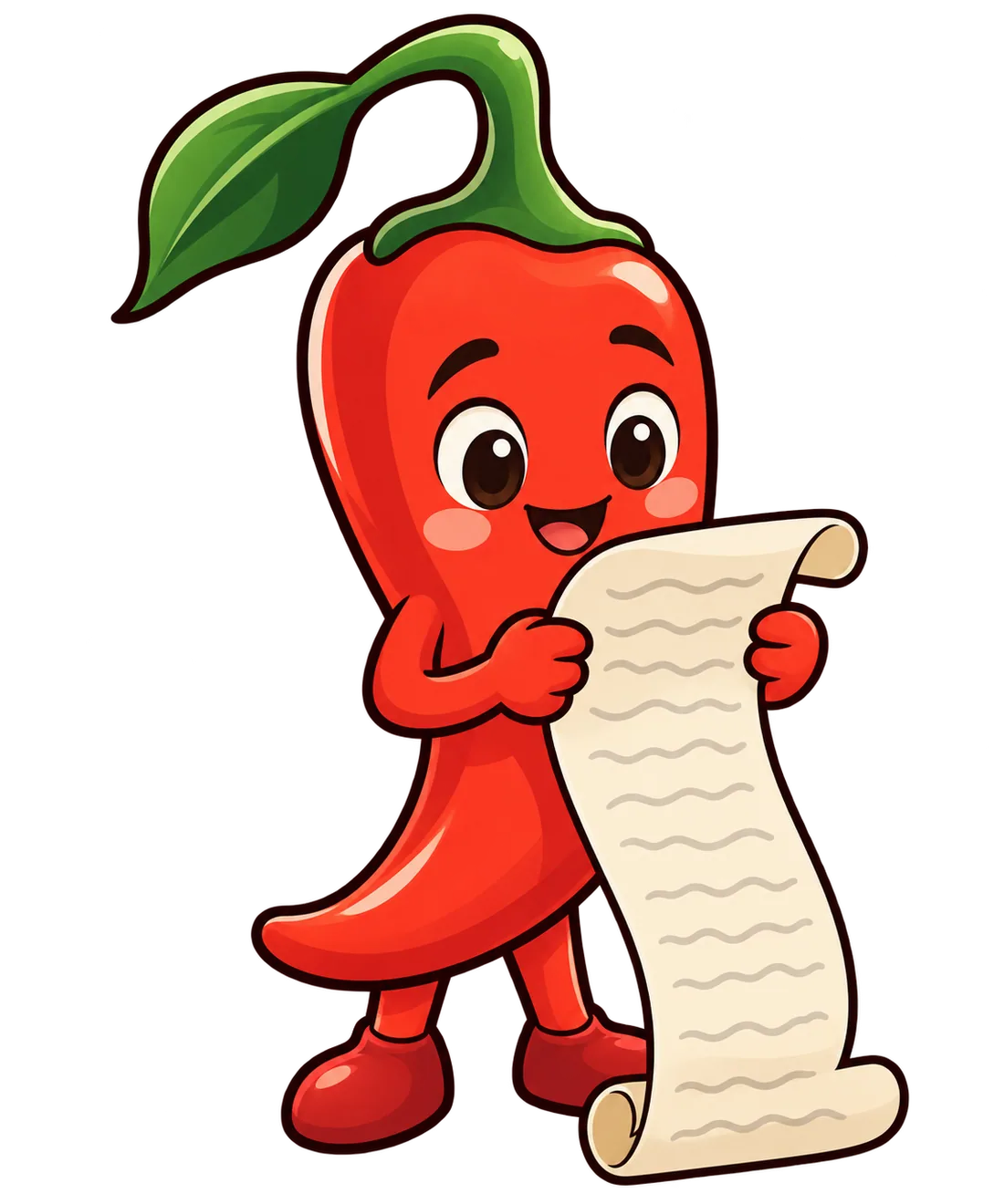 Pip, the red chili mascot, reading a long paper scroll.