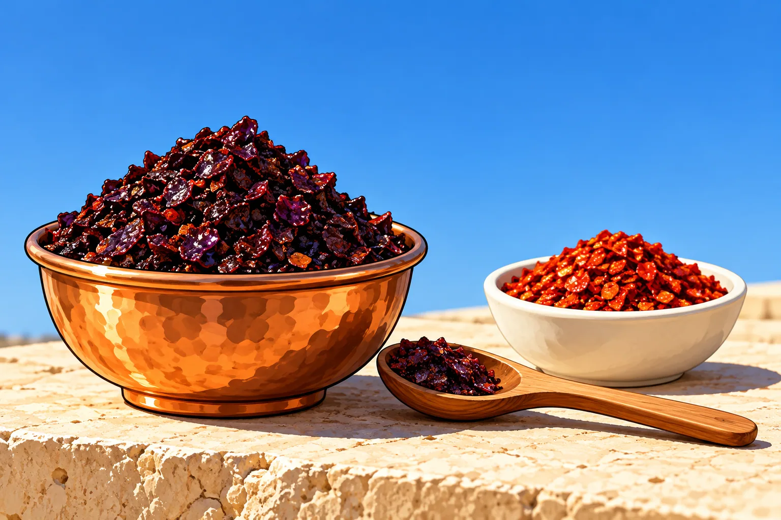 A copper bowl of glossy, very dark purple-black chile flakes beside a white bowl of bright brick-red flakes on a sunny rooftop ledge.