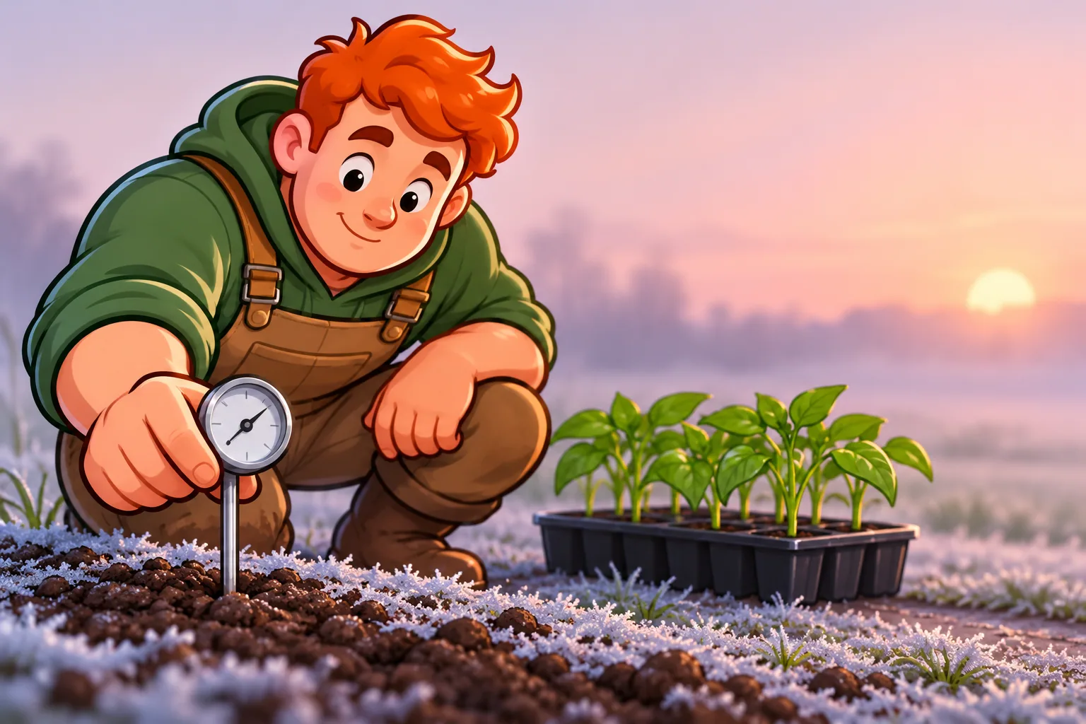 A man pushing a soil thermometer into a garden bed at dawn, a flat of pepper seedlings waiting on the path beside him.